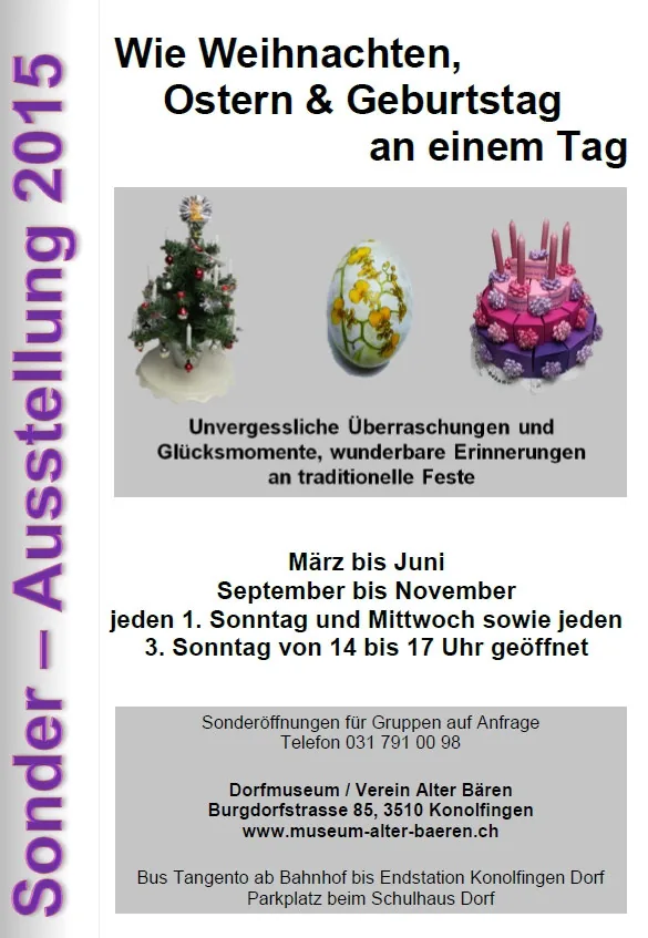 Ausstellungsplakat «Weihnachten, Ostern und Geburtstag an einem Tag»