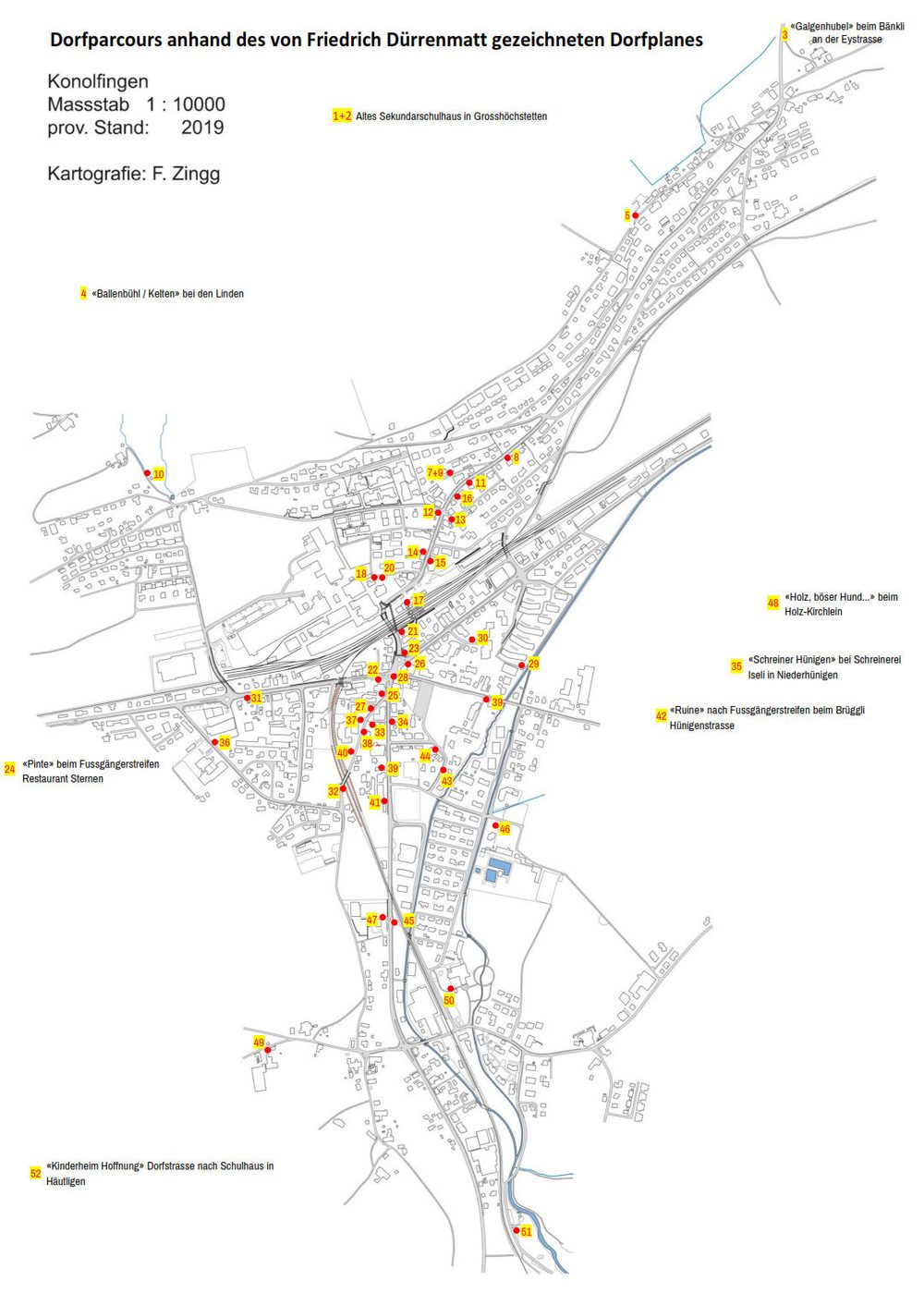 Detailkarte des Dorfparcours mit nummerierten Standorten der Tafeln in Konolfingen.