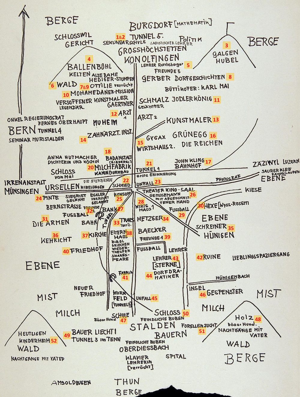 Von Dürrenmatt gezeichnete Karte mit handschriftlichen Stichworten zu Orten in Konolfingen.