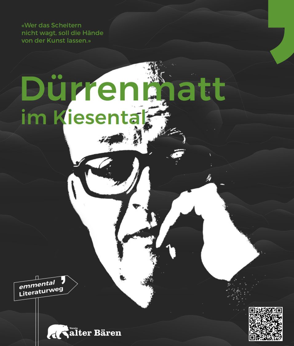 Plakat «Dürrenmatt im kiesental» mit Porträtgrafik des Schriftstellers.