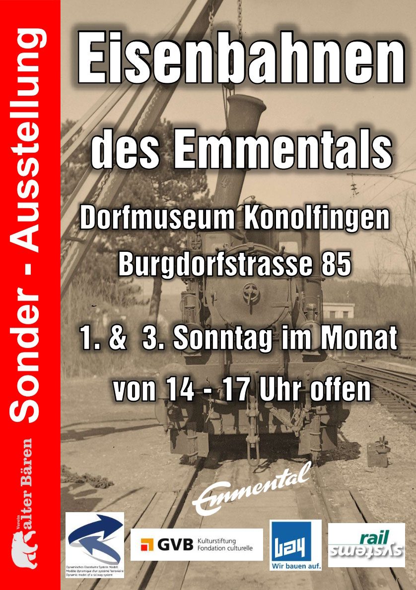 Ausstellungsplakat «Eisenbahnen des Emmentals» mit Dampflokmotiv und Öffnungszeiten.