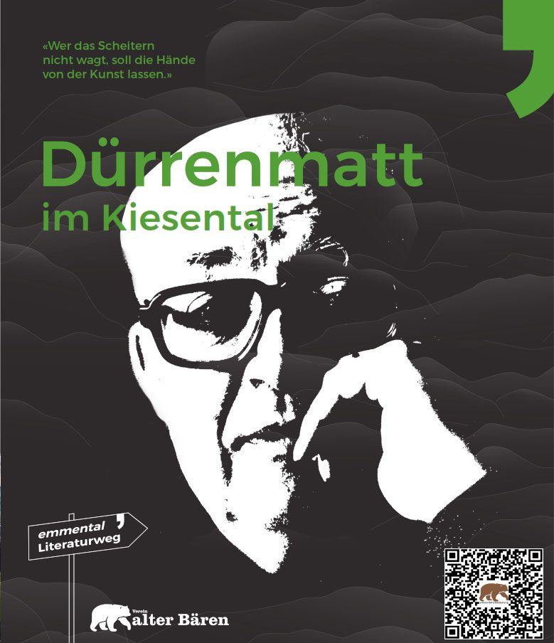 Wegweiser-Tafel «Dürrenmatt im kiesental» des emmental Literaturwegs mit QR-Code.