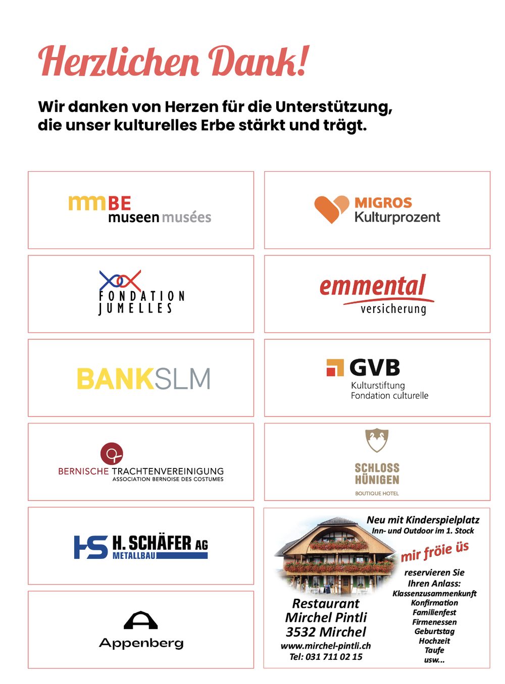 Danktafel der Ausstellung Trachtenkult(ur) mit den Logos der unterstützenden Institutionen und Unternehmen.